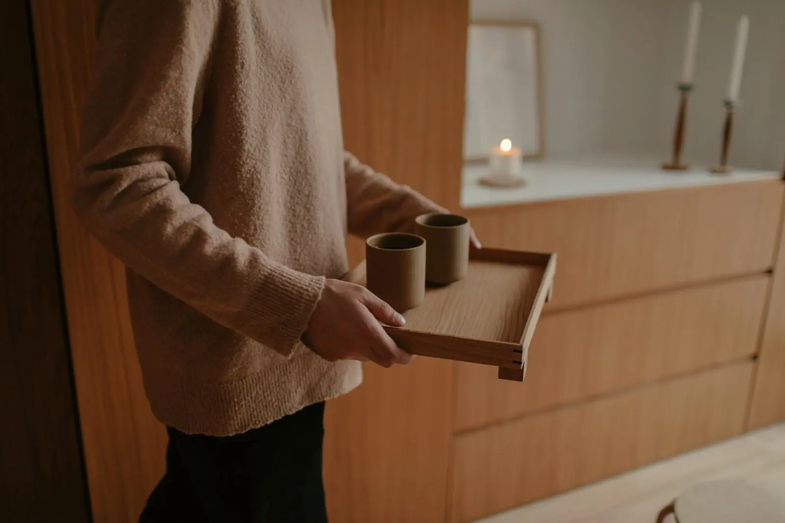 oak and linen serving tray